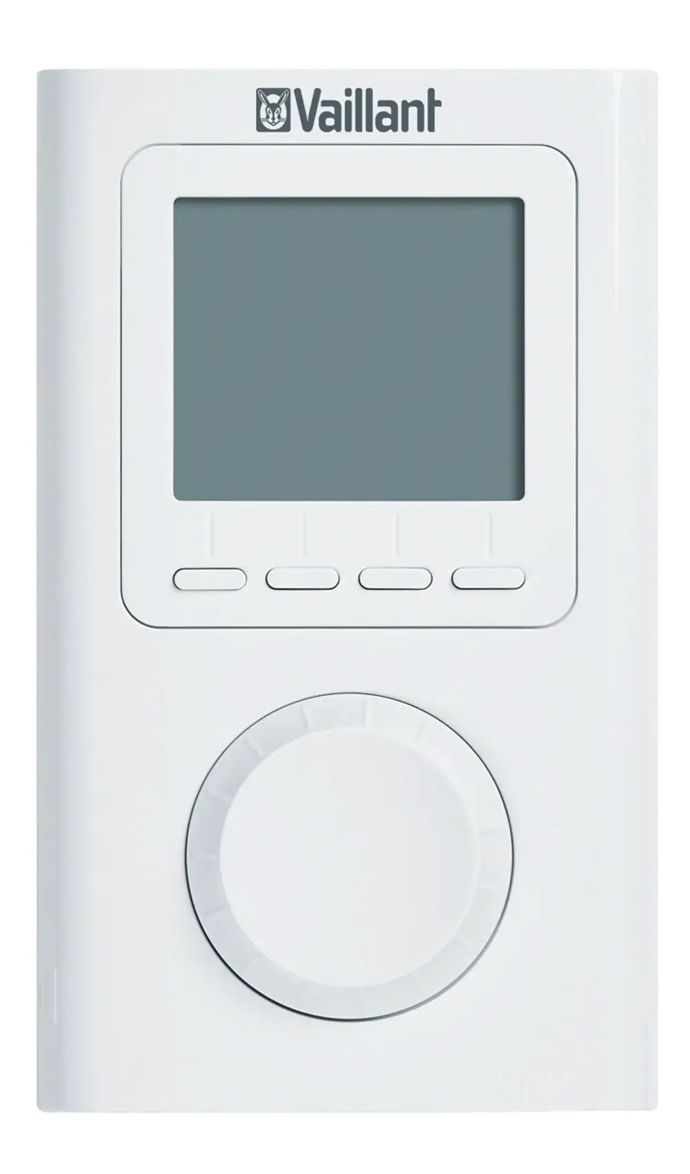 Funkthermostat von Vaillant mit einem Display und drehbarem Regler. Es verfügt über mehrere Tasten zur Bedienung und Programmierung der Heizfunktion.